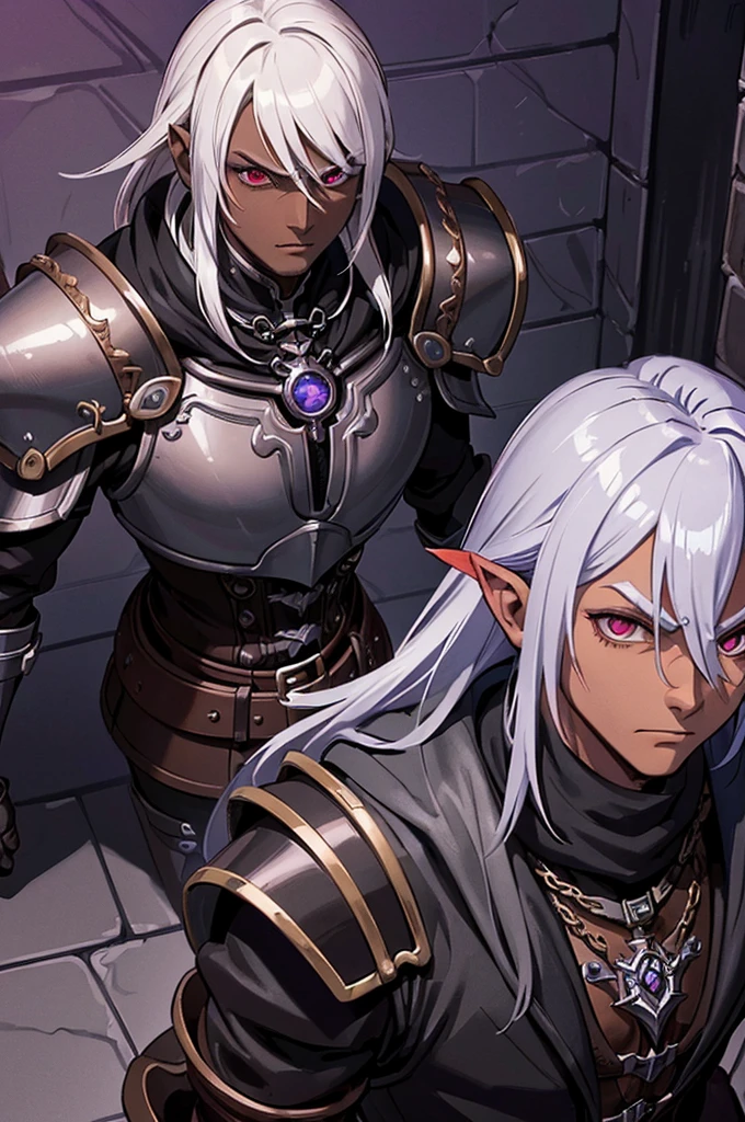 ((best quality)), ((masterpiece)), (detailed), ((boy)), (mix between steampunk and dungeonpunk), drow, upper body, portrait, red eyes, long white hair, Xemnas from Kingdom Hearts, half-drow, dark skinned, (full knight armor), paladin, serious face, dramatic lighting, dungeons and dragons character, purple theme, bronze and black armor, perfect eyes