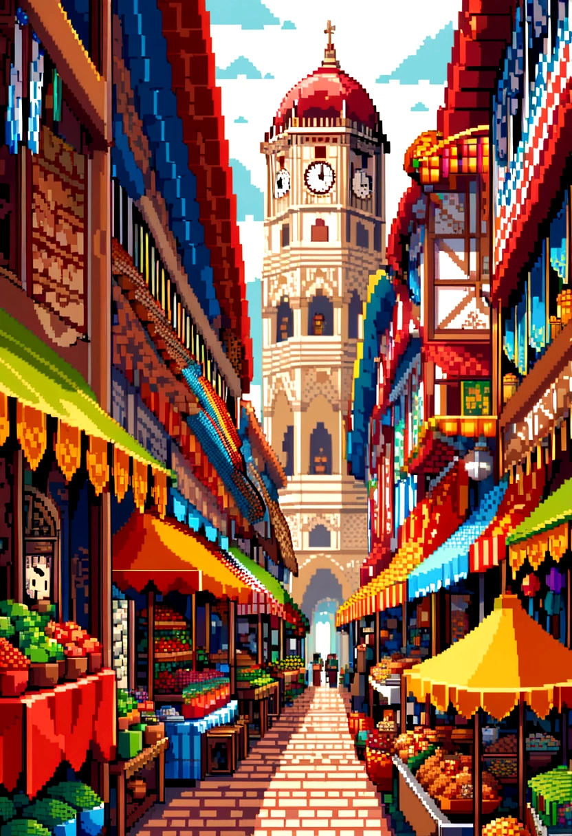 Please create a highly detailed pixel art of the Ver-o-Peso Market in Belém do Pará, Brazil. The artwork should capture the vibrant atmosphere and unique architecture of the market. Include the colorful stalls, the bustling activity of vendors and shoppers, and key architectural features such as the iron structures and the clock tower. Incorporate elements like the fresh produce, local crafts, and traditional foods being sold. Use a color palette that reflects the lively and diverse spirit of the market, including vibrant colors for the stalls, earthy tones for the structures, and shades of green and blue to represent the surrounding environment. Attention to small details is essential to bring the market to life in the pixel art.