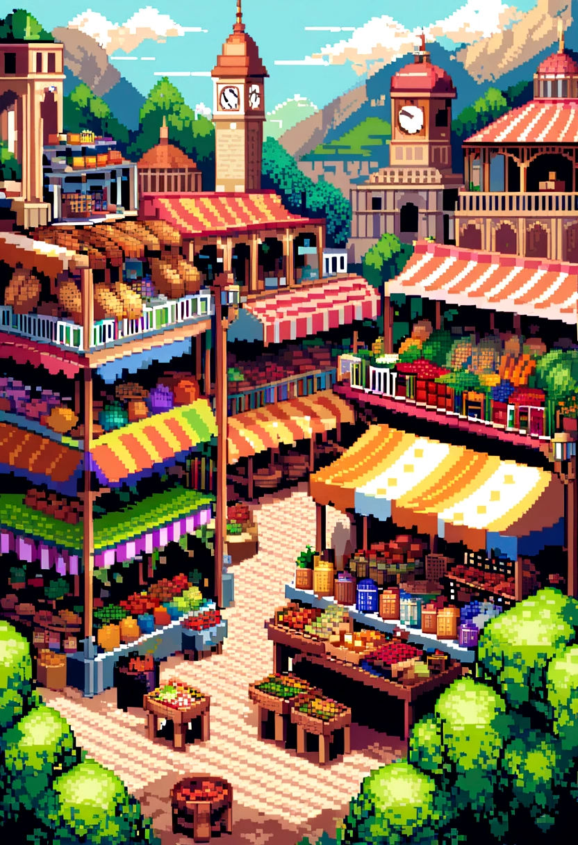 Please create a highly detailed pixel art of the Ver-o-Peso Market in Belém do Pará, Brazil. The artwork should capture the vibrant atmosphere and unique architecture of the market. Include the colorful stalls, the bustling activity of vendors and shoppers, and key architectural features such as the iron structures and the clock tower. Incorporate elements like the fresh produce, local crafts, and traditional foods being sold. Use a color palette that reflects the lively and diverse spirit of the market, including vibrant colors for the stalls, earthy tones for the structures, and shades of green and blue to represent the surrounding environment. Attention to small details is essential to bring the market to life in the pixel art.