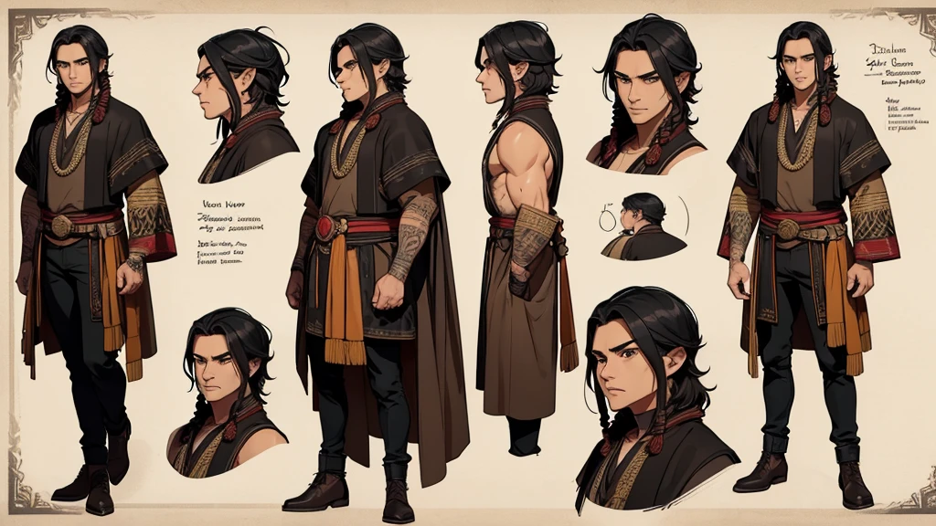 He is an adult indigenous man with Mexican features, and sun-kissed brown skin. His short black hair contrasts with his intense, expressive dark eyes. High, well-defined cheekbones complement his sharply contoured face. His pointed ears add a unique and distinctive detail to his appearance. He exudes a strong, serene presence, deeply connected to his cultural roots, Full body, master piece, character sheet, character sheet, character sheet.