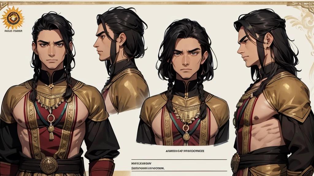 He is an adult indigenous man with Mexican features, and sun-kissed brown skin. His short black hair contrasts with his intense, expressive dark eyes. High, well-defined cheekbones complement his sharply contoured face. His pointed ears add a unique and distinctive detail to his appearance. He exudes a strong, serene presence, deeply connected to his cultural roots, Full body, master piece, character sheet, character sheet, character sheet.