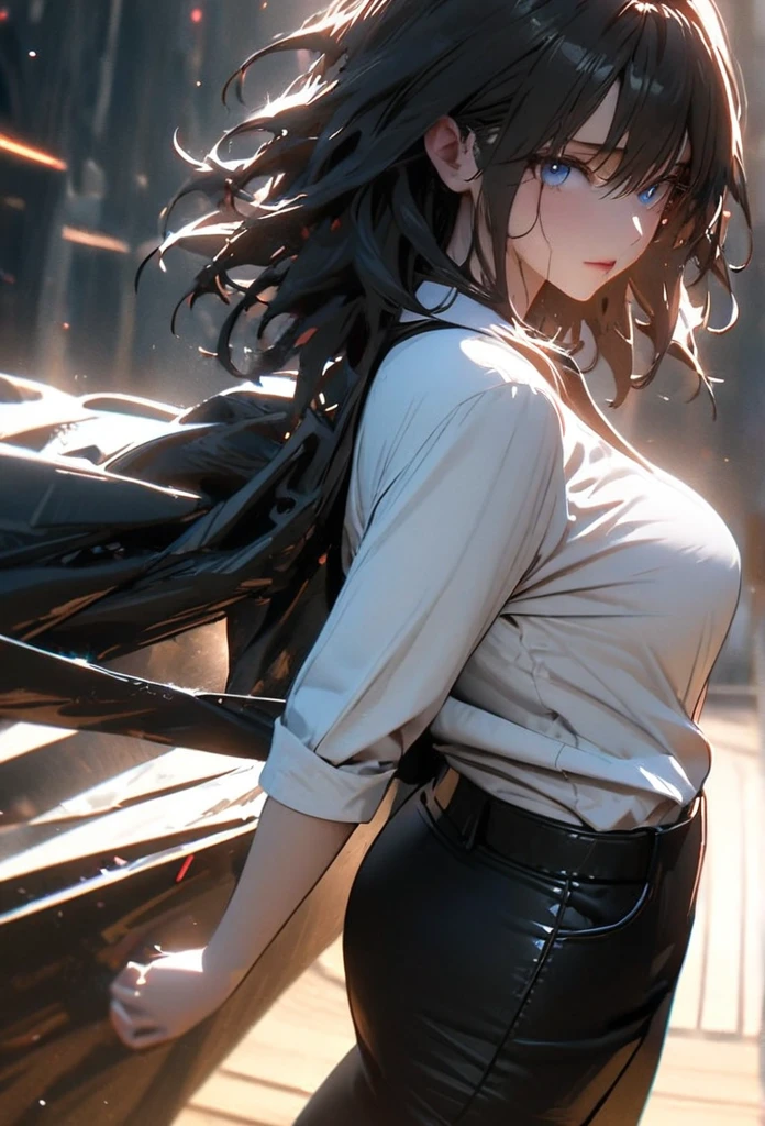 (solo), black hair, messy hair, mane hair, medium hair, dense hair, wild hair, expressive hair, mature,(25 year old), pale skin, blue eyes, ((Female)), beatiful girl, wearing a white shirt, open shirt, tight clothes, long black pants, rolled up sleeves, beautiful, attractive, large breast, and round and big ass, eye reflection, depth of field, thunder aura, cinematic lighting, ray tracing, depth of field, cinematic lighting, ray tracing, UHD, high details, best quality, highres, high quality, award winning, super detail, masterpiece, 8k, UHD, high details, best quality, highres, high quality, award winning, super detail, masterpiece, 8k, digital art, anime coloring, body shot, good face, perfect face, detailed face, good eyes. Space and planets background