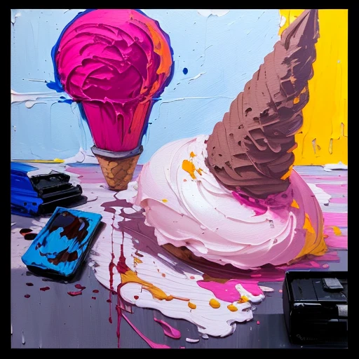 painting of a pink ice cream cone with a clock on top, inspired by Bruce Nauman, oil on canvas; nuclear fallout, art depicting control freak, surreal gouache gesture painting, inspired by Wayne Thiebaud, inspired by John Altoon, dunce, oil and alien on canvas, surrealist painting, inspired by Julian Schnabel, a surrealist painting