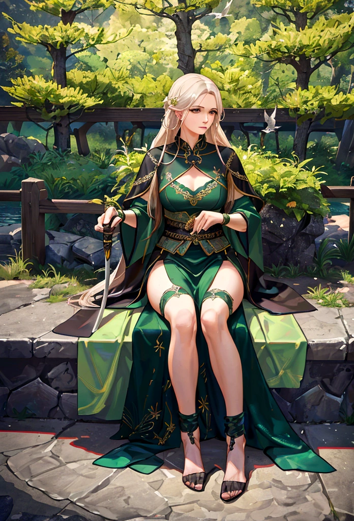 a woman holding a sword in her hand, a dove sitting on her hand, lush green landscape, highly symmetrical, (best quality,4k,8k,highres,masterpiece:1.2),ultra-detailed,(realistic,photorealistic,photo-realistic:1.37),detailed face and eyes, elegant pose, peaceful expression, dramatic lighting, serene atmosphere, natural setting, cinematic composition