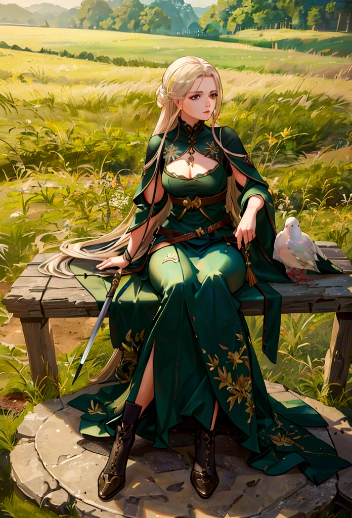 a woman holding a sword in her hand, a dove sitting on her hand, lush green landscape, highly symmetrical, (best quality,4k,8k,highres,masterpiece:1.2),ultra-detailed,(realistic,photorealistic,photo-realistic:1.37),detailed face and eyes, elegant pose, peaceful expression, dramatic lighting, serene atmosphere, natural setting, cinematic composition
