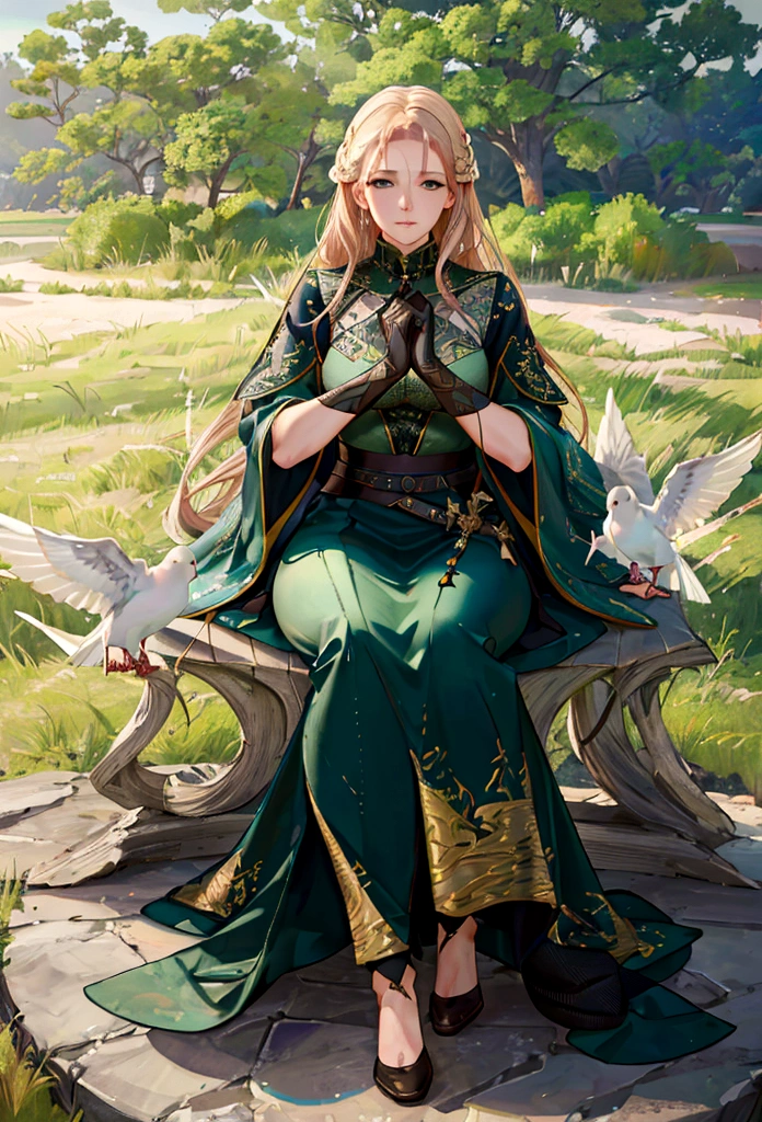 a woman holding a sword in her hand, a dove sitting on her hand, lush green landscape, highly symmetrical, (best quality,4k,8k,highres,masterpiece:1.2),ultra-detailed,(realistic,photorealistic,photo-realistic:1.37),detailed face and eyes, elegant pose, peaceful expression, dramatic lighting, serene atmosphere, natural setting, cinematic composition