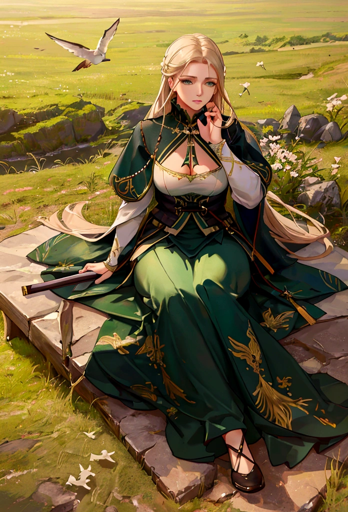 a woman holding a sword in her hand, a dove sitting on her hand, lush green landscape, highly symmetrical, (best quality,4k,8k,highres,masterpiece:1.2),ultra-detailed,(realistic,photorealistic,photo-realistic:1.37),detailed face and eyes, elegant pose, peaceful expression, dramatic lighting, serene atmosphere, natural setting, cinematic composition