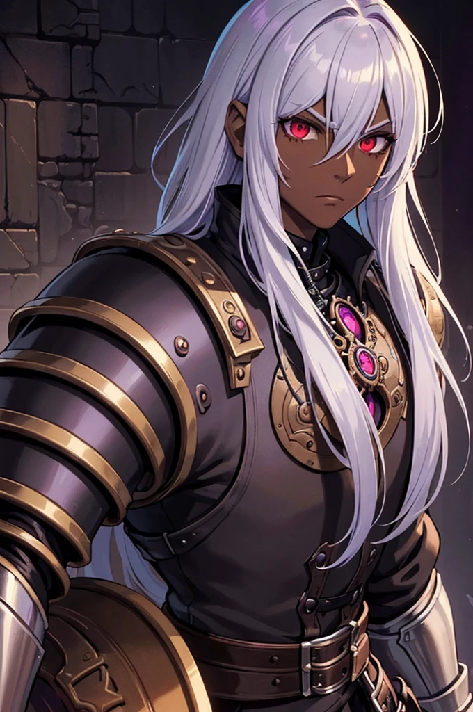 ((best quality)), ((masterpiece)), (detailed), ((boy)), (mix between steampunk and dungeonpunk), drow, upper body, portrait, red eyes, long white hair, Xemnas from Kingdom Hearts, half-drow, dark skinned, (full knight armor), paladin, serious face, dramatic lighting, dungeons and dragons character, purple theme, bronze and black armor
