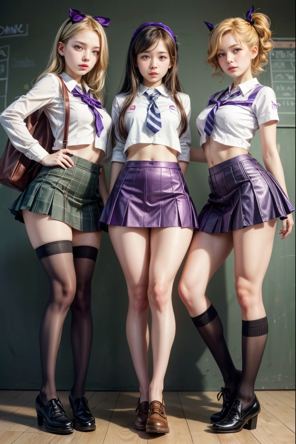 3 girls, costume purple and black, ginger, green eyes, Short skirt, mini skirt, tiny open croctop, string, , teasing, sexy,