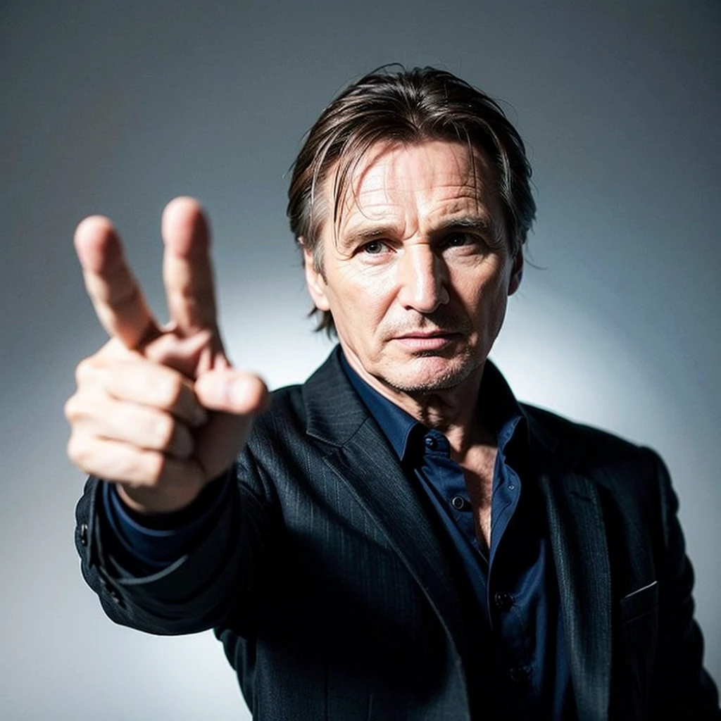 Liam Neeson in a suit making a peace sign.