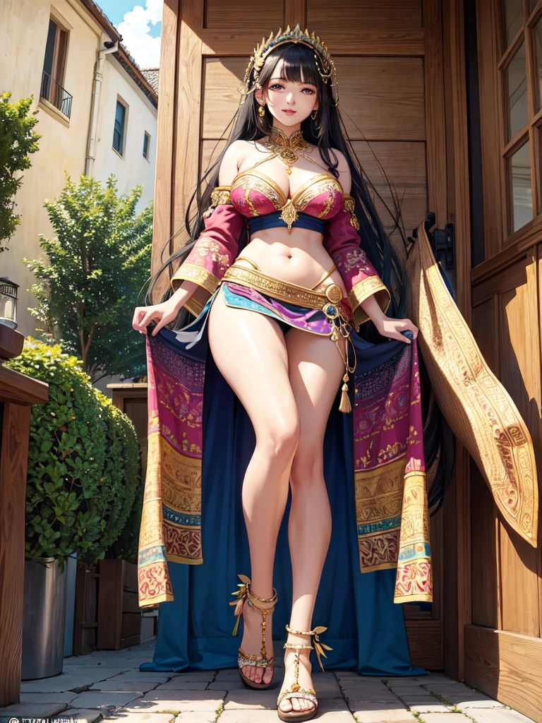 (masterpiece, top quality, best quality, official art, beautiful and aesthetic:1.2), (1girl), extreme detailed,(fractal art:1.3),colorful,highest detailed. Stunning Beauty Voluptuous Javanese Wife. Smile. Wedding ring. Wearing only batik fabrics, very short batik skirt with slits, and wooden sandals. Beautiful belly, beautiful waist, beautiful thighs, and beautiful legs. Full body photo, head to toes, wide angle. Background in public street. HD image, very detailed anatomy, very detailed background. A MASTERPIECE.
