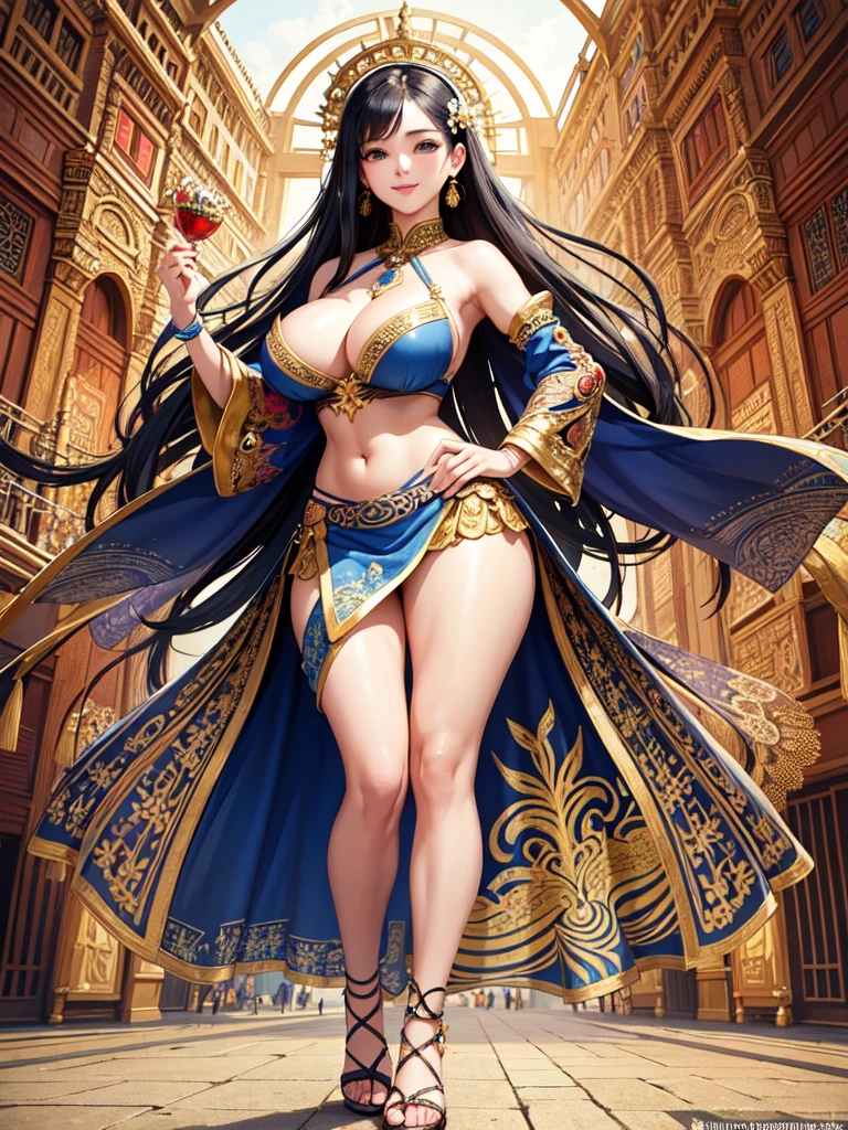 (masterpiece, top quality, best quality, official art, beautiful and aesthetic:1.2), (1girl), extreme detailed,(fractal art:1.3),colorful,highest detailed. Stunning Beauty Voluptuous Javanese Wife. Smile. Wedding ring. Wearing only batik fabrics, very short batik skirt with slits, and wooden sandals. Beautiful belly, beautiful waist, beautiful thighs, and beautiful legs. Full body photo, head to toes, wide angle. Background in public street. HD image, very detailed anatomy, very detailed background. A MASTERPIECE.
