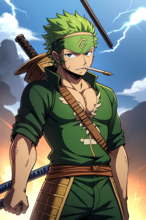 niji mode.  Zoro one piece, with Thor's outfit and thunder, with three hammers instead of swords, a hammer in his left hand, another in his right hand and another in his mouth.  Old anime style.  no swords.