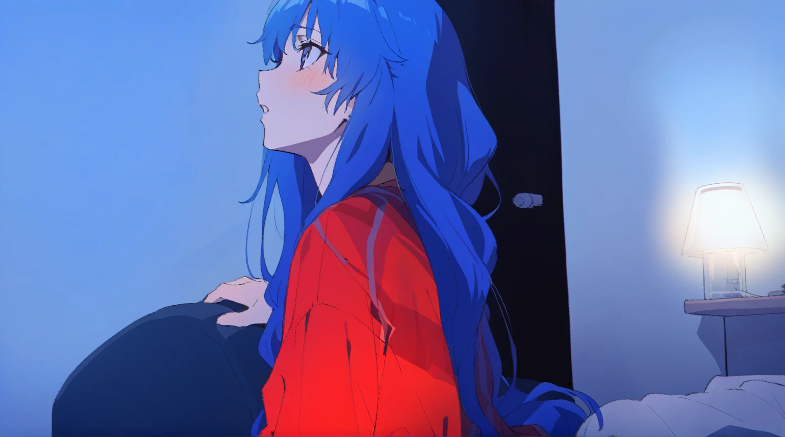 {{{sincos (sincos)}}}, woman with blue hair and red shirt sitting on the bed, very long blue hair, long azure blue hair, very long wavy azure blue hair, beautiful Asuka from Evangelion, long flowing blue hair, blue long hair, blue and red tones