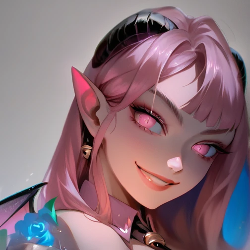 high resolution, highly detailed, perfect lighting, beautiful detailed eyes,   upper body, black background, 1girl, solo, looking at viewer,   succubusxl, pink hair,demon horns, pointy ears, pink eyes, smiling, collared cape wings, detached sleeves, big breasts, necktie with bell,  purple strapless top, underworld,night, 