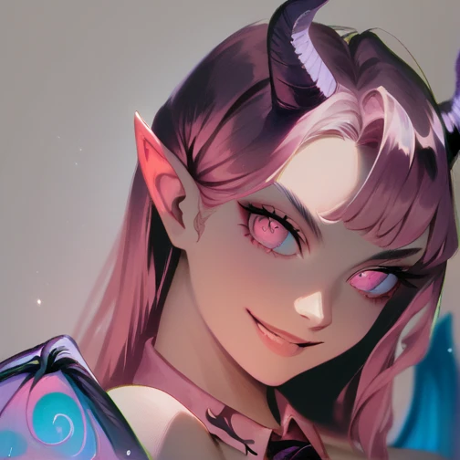 high resolution, highly detailed, perfect lighting, beautiful detailed eyes,   upper body, black background, 1girl, solo, looking at viewer,   succubusxl, pink hair,demon horns, pointy ears, pink eyes, smiling, collared cape wings, detached sleeves, big breasts, necktie with bell,  purple strapless top, underworld,night, 