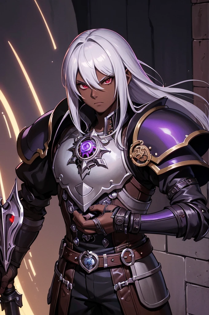 ((best quality)), ((masterpiece)), (detailed), ((boy)), (mix between steampunk and dungeonpunk), drow, upper body, portrait, red eyes, long white hair, Xemnas from Kingdom Hearts, half-drow, dark skinned, (full knight armor), paladin, serious face, dramatic lighting, dungeons and dragons character, purple theme, bronze and black armor