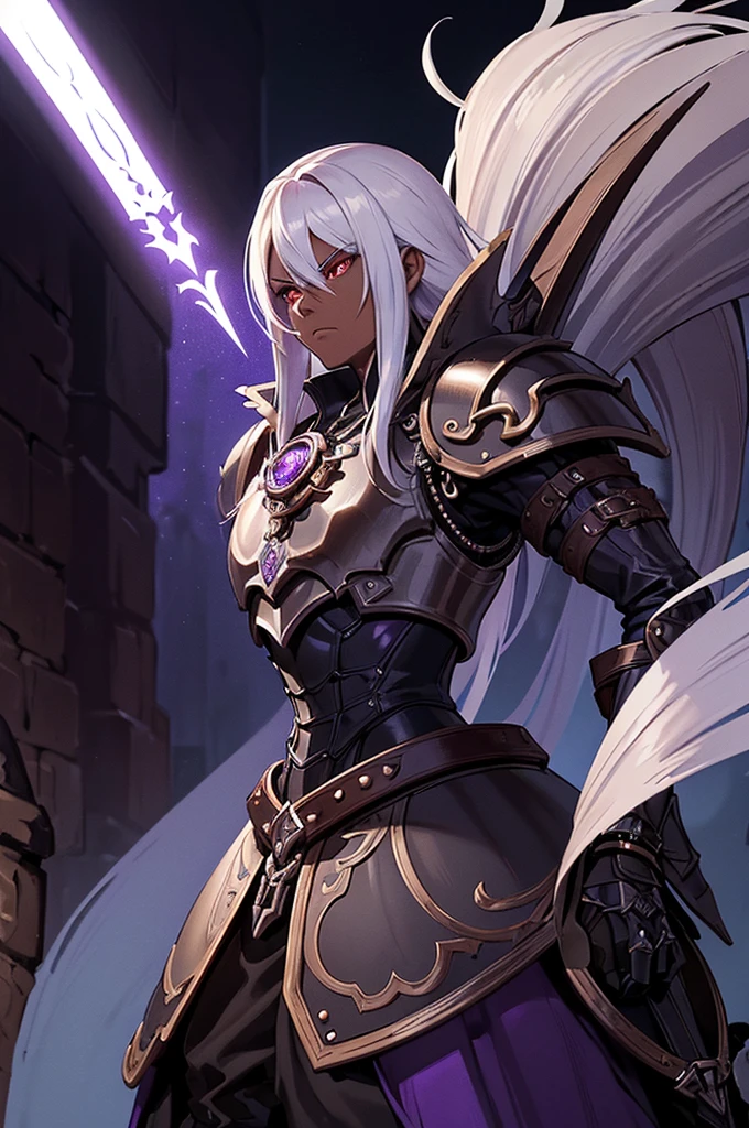 ((best quality)), ((masterpiece)), (detailed), ((boy)), (mix between steampunk and dungeonpunk), drow, upper body, portrait, red eyes, long white hair, Xemnas from Kingdom Hearts, half-drow, dark skinned, (full knight armor), paladin, serious face, dramatic lighting, dungeons and dragons character, purple theme, bronze and black armor