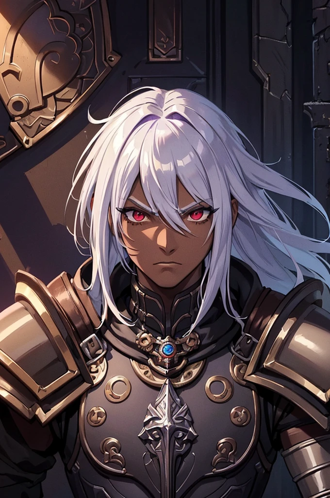 ((best quality)), ((masterpiece)), (detailed), ((boy)), (mix between steampunk and dungeonpunk), drow, upper body, portrait, red eyes, long white hair, Xemnas from Kingdom Hearts, half-drow, dark skinned, (full knight armor), paladin, serious face, dramatic lighting, dungeons and dragons character, purple theme, bronze and black armor