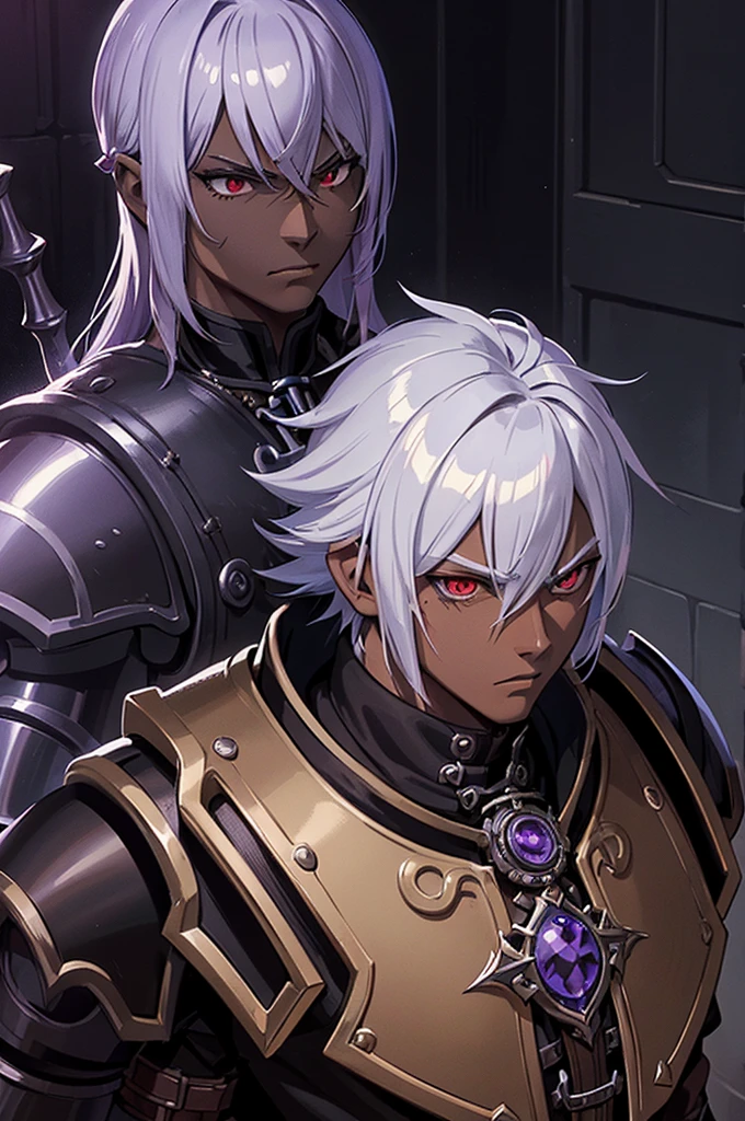 ((best quality)), ((masterpiece)), (detailed), ((boy)), (mix between steampunk and dungeonpunk), drow, upper body, portrait, red eyes, long white hair, Xemnas from Kingdom Hearts, half-drow, dark skinned, (full knight armor), paladin, serious face, dramatic lighting, dungeons and dragons character, purple theme, bronze and black armor