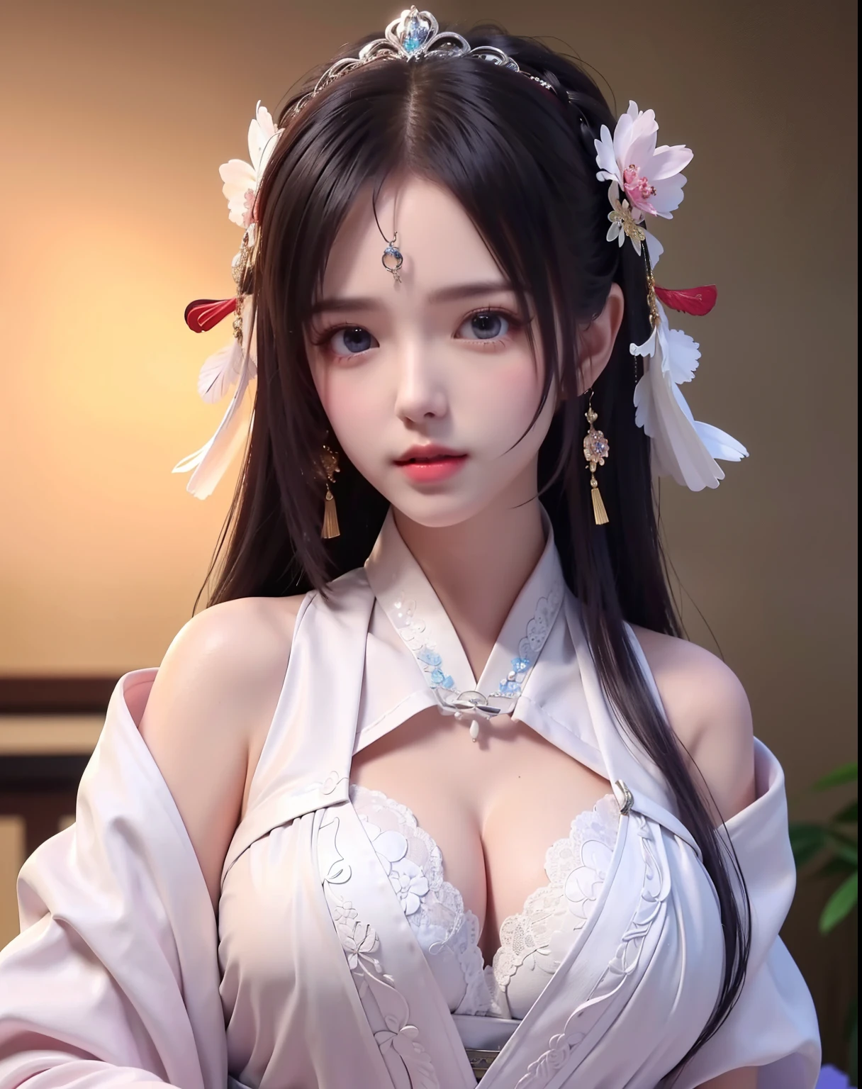 (8k, RAW photo:1.2), best quality, ultra high res,dramatic angle,(fluttered detailed color splashs), (illustration),(((1 girl))),(long hair),(rain:0.9), (Headdress:1.4),There is an ancient palace beside the girl,Hanfu,(Key Points),Color ink painting,(Splash of Color),Splash of Color,(((colorful))),(sketch:0.8) , Masterpiece, best quality, beautiful painted, highly detailed,(denoising:0.6),[splash ink],((ink refraction)), (beautiful detailed sky),moon,highly,detaild,(masterpiece, best quality, extremely detailed） CG Unity 8k Wallpaper，masterpiece，best quality，Ultra Detailed），（Lycoris）. hanfu open v   open V-chested clothes Thin silk lace dress , (huge ，cleavage),, white pink, blue ，best qualtiy，tmasterpiece，Ultra-high resolution，（Reality：1.4），RAW photogr，（True skin texture：1.3），（filmgrain：1.3），（Selfie angle），1个Giant Breast Girl，Beautiful eye and face details，tmasterpiece，Best quality at best，，The chest more exposed， detailed hair, bra pink , detail 8k, upper body, lace petticoat