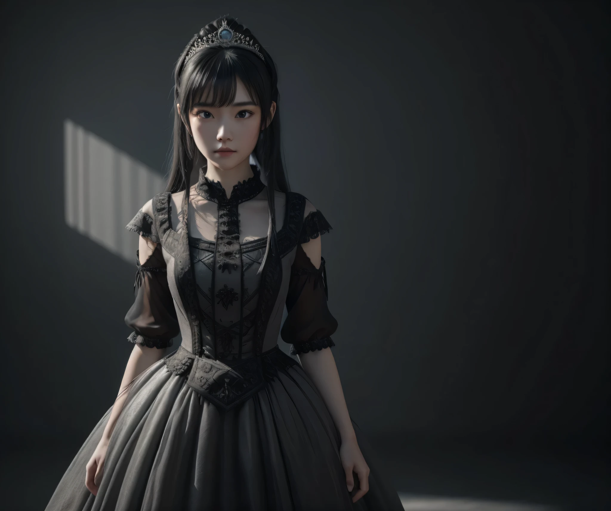 a mongolian princess girl,bangs black hair,standing,looking at to viewer,(Very Detailed: 1.3),ultra realistic,HDR,(High Dynamic Range),ray tracing,nvidia RTX,super resolution,unreal 5,subsurface scattering,PBR texture,post-processing,anisotropic filtering,depth of field,maximum sharpness and sharpness,multi-layer texture,specular and albedo mapping,surface shading,perfect proportions,octane rendering,duotone lighting,low ISO,white balance,8K RAW,(((1GIRL))),(((wearing black princess dress))),sad face,(((rendering in gray background))),masterpiece,best quality