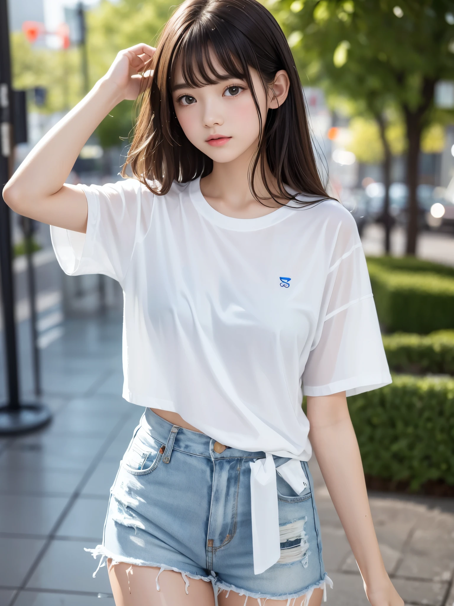 highest quality,Photo quality,Ultra-high resolution,Professional Lighting,14 years old,Beautiful face like an actress,With bangs,Sexy shorts:1.2、Amazingly cute、The white T-shirt is wet from the rain and is transparent、