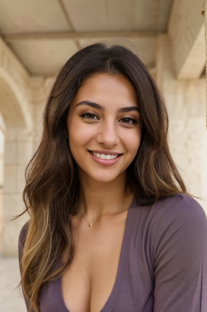24YO,one attractive Jordanian women, purple shirt, cute smile, cute face, white teethes, skinny face, light brown eyes, small nose, black/blonde long hair