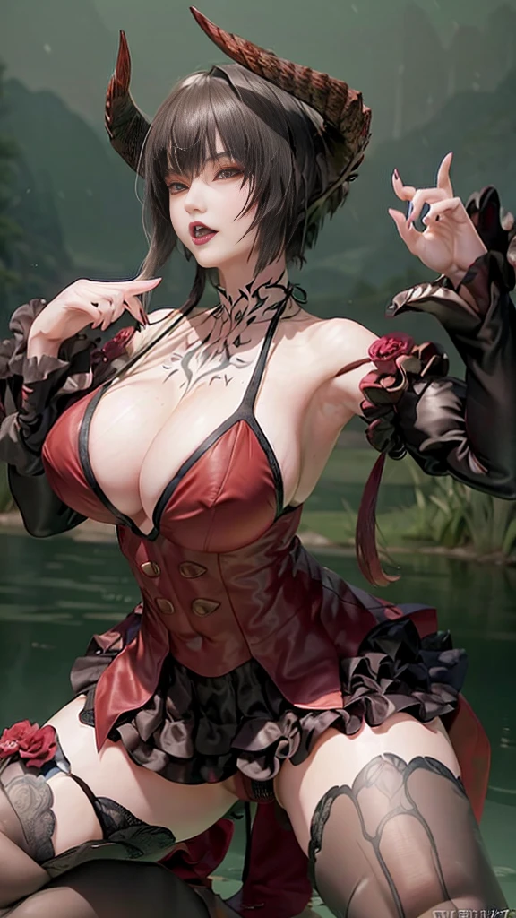 （8K，best quality，masterpiece：1.2），Bikini，微型Bikini，Very little fabric，Clothes with less fabric，（（Huge breasts：2.5）），（（Huge cleavage：2.5）），（（（Large Breasts：2.5）））,All sweaty、Striking a seductive pose，tongue， Forced real water， Blushed， Squat， Squat， Open your legs， Sexual arousal， Sexual Expression， Glowing skin，All sweaty，Forward facing，Low Angle of View，Hyper-realistic details，（Super real photos：1.2），（complex：1.2），（Practical：1.2）