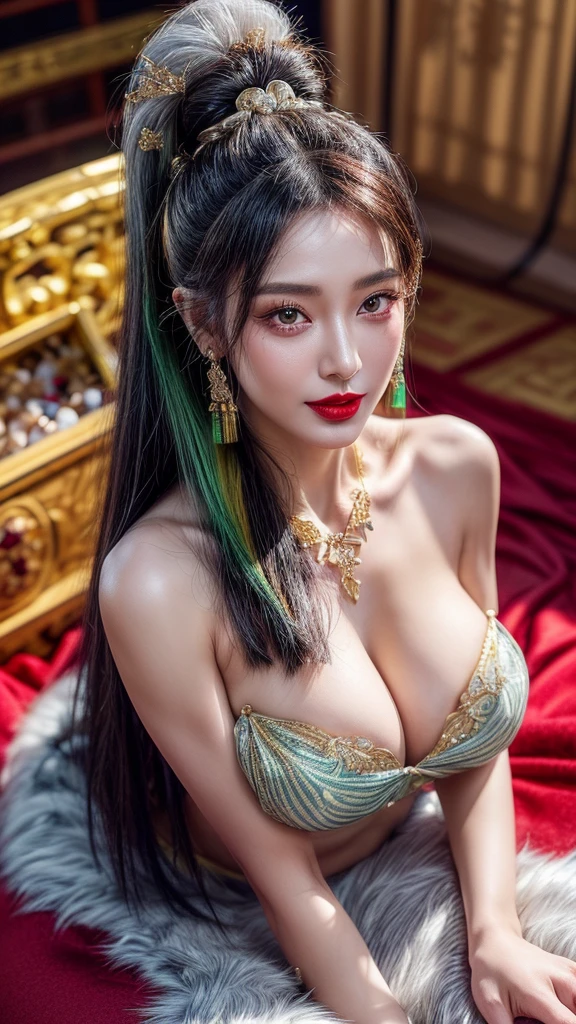 4K, UHD, masterpiece, solo girl, good face, detailed eyes, detailed lips, very long hair, straight hair, very long hair, beautiful hair, hair ornaments, hairband, sexy bun with ponytail hair, ((White-black-Blue-RED-silver-gold-yellow-green sexy animal fur dress)), (photorealistic:1.5), (Realistic big breasts:1.35), (Slender six pack abs), (smile), ((NSFW:0)), ((busty Cleavage)), ((( enchanting body, devilish body, red lipstick, stockings, Chinese bridal chamber, bold dress, Lying, d-cup, breast focus, closeup))) ((bare stomach)), sardine, ornaments, necklace, earring, high lighting, depth of field, ray tracing, ultra-realistic detail