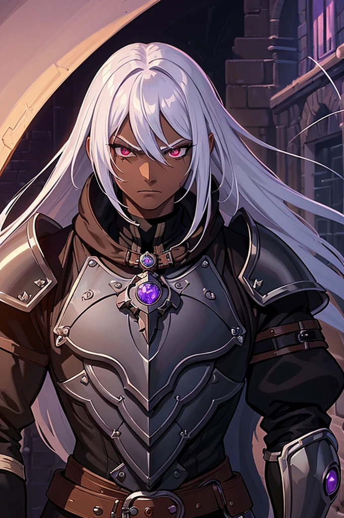 ((best quality)), ((masterpiece)), (detailed), ((boy)), (mix between steampunk and dungeonpunk), drow, upper body, portrait, red eyes, long white hair, Xemnas from Kingdom Hearts, half-drow, dark skinned, (full knight armor), paladin, serious face, dramatic lighting, dungeons and dragons character, purple theme, bronze and black armor, perfect eyes