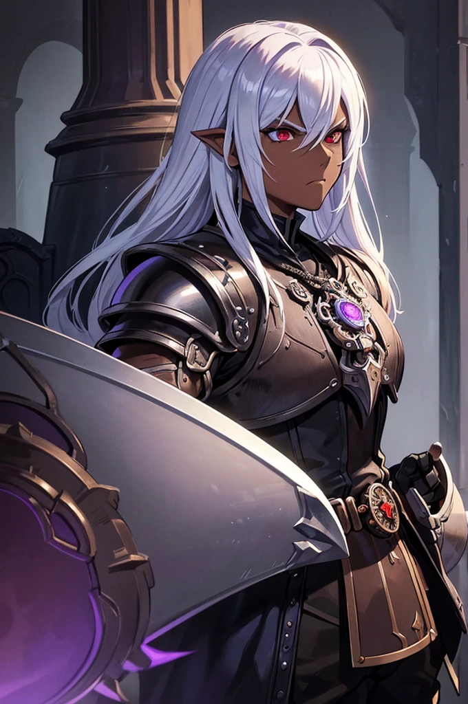 ((best quality)), ((masterpiece)), (detailed), ((boy)), (mix between steampunk and dungeonpunk), drow, upper body, portrait, red eyes, long white hair, Xemnas from Kingdom Hearts, half-drow, dark skinned, (full knight armor), paladin, serious face, dramatic lighting, dungeons and dragons character, purple theme, bronze and black armor, perfect eyes