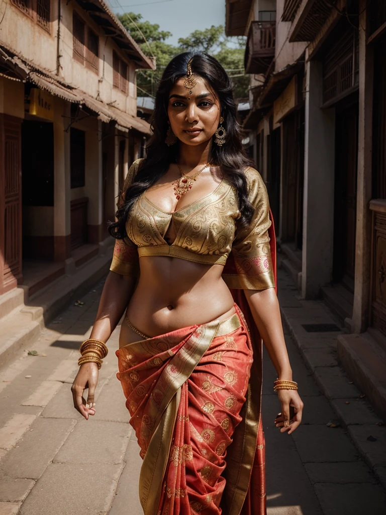 (Best quality, Ultra-detailed: 1.5), (Photorealistic: 1.4), Indian woman, busty figure, traditional attire, vibrant saree, flowing fabric, intricate patterns, (gold borders: 0.2), (Worn hair: 0.5), (Dark complexion: 1.2), Walking on the bustling streets of Tamilnadu, (High contrast light: 0.8), (Deep shadows: 0.7), (Sunlight filter: 1.1), (Soft focus on face: 0.3), (Natural makeup: 0.6), (Accessories: 0