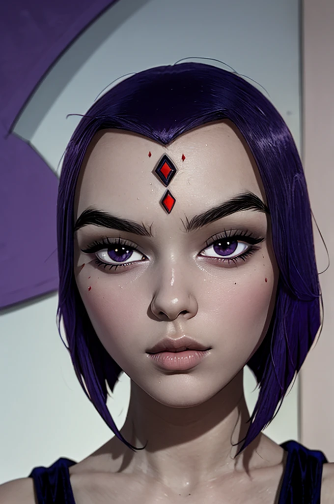 A mid shot of Raven, full body, Teen Titans Raven, slender slim body, skinny waist, pale grey skin, red gemstone in the centre of her forehead, looking at viewer, seductive, (realistic), (masterpiece), (highly detailed face), thick eyebrows, big juicy purple lips, lip filler, cheekbones, defined face, sharp nose, attractive