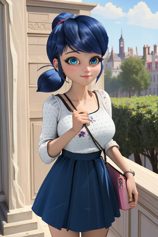 (8k, RAW photo, best quality, masterpiece:1.2), (intricate details), perfect eyes, perfect face, perfect lighting, beautiful, (masterpiece:1.2), (best quality:1.2), 1girl, (Marinette, blue hair,) (hair in ponytails,) adult torso, 19 years old, slight smile, huge sized breasts, cowboy shot, pink dress 