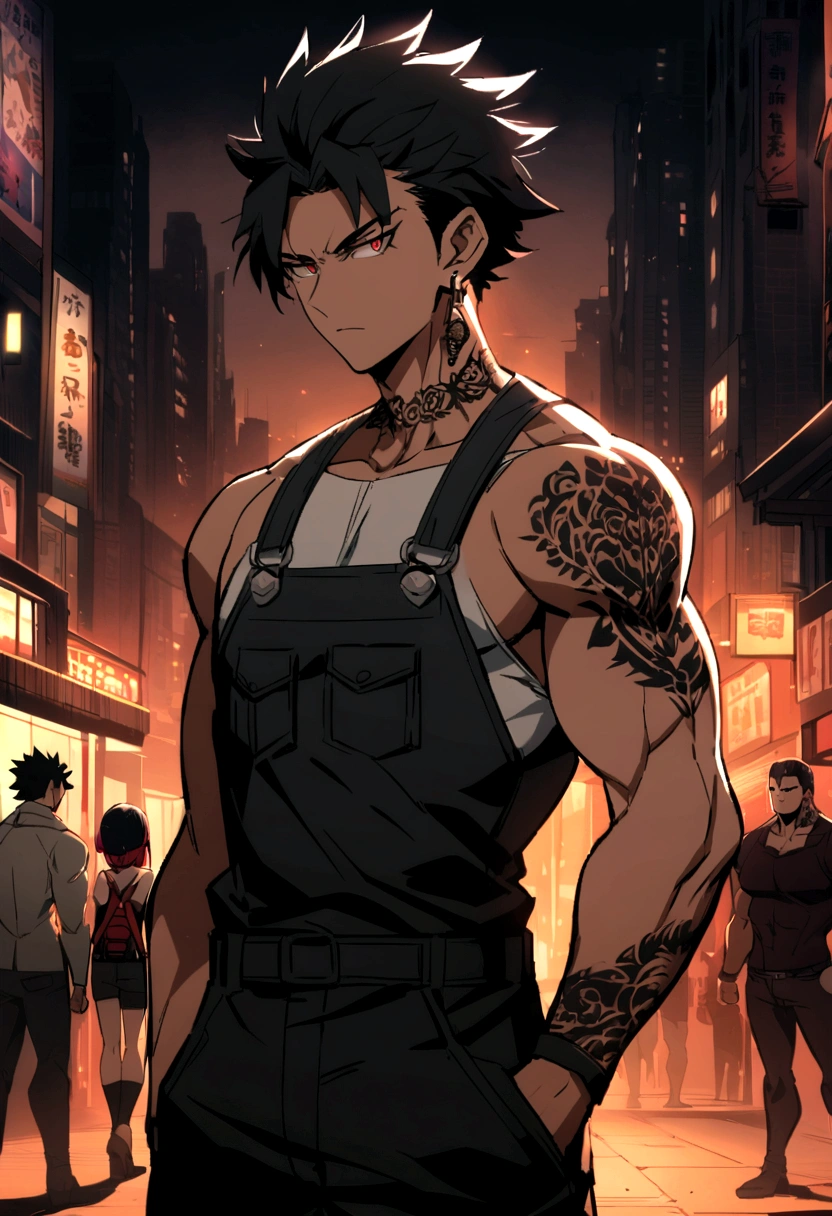 an anime-style character with a muscular and defined torso. The character has a distinctive hairstyle with spiky black hair with red highlights,man, and light red eyes that give off an intense and focused expression. You can see them on her face and shoulders. She wears small black earrings and tattoos on her neck. The background features a nighttime urban environment with out-of-focus lights, suggesting a city atmosphere. The overall mood of the image is dark and dramatic.