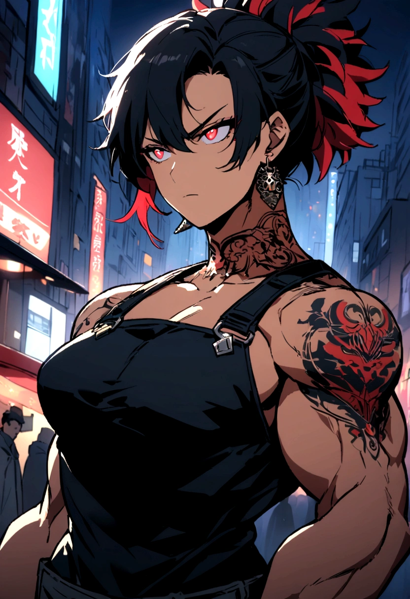 an anime-style character with a muscular and defined torso. The character has a distinctive hairstyle with spiky black hair with red highlights,man, and light red eyes that give off an intense and focused expression. You can see them on her face and shoulders. She wears small black earrings and tattoos on her neck. The background features a nighttime urban environment with out-of-focus lights, suggesting a city atmosphere. The overall mood of the image is dark and dramatic. 