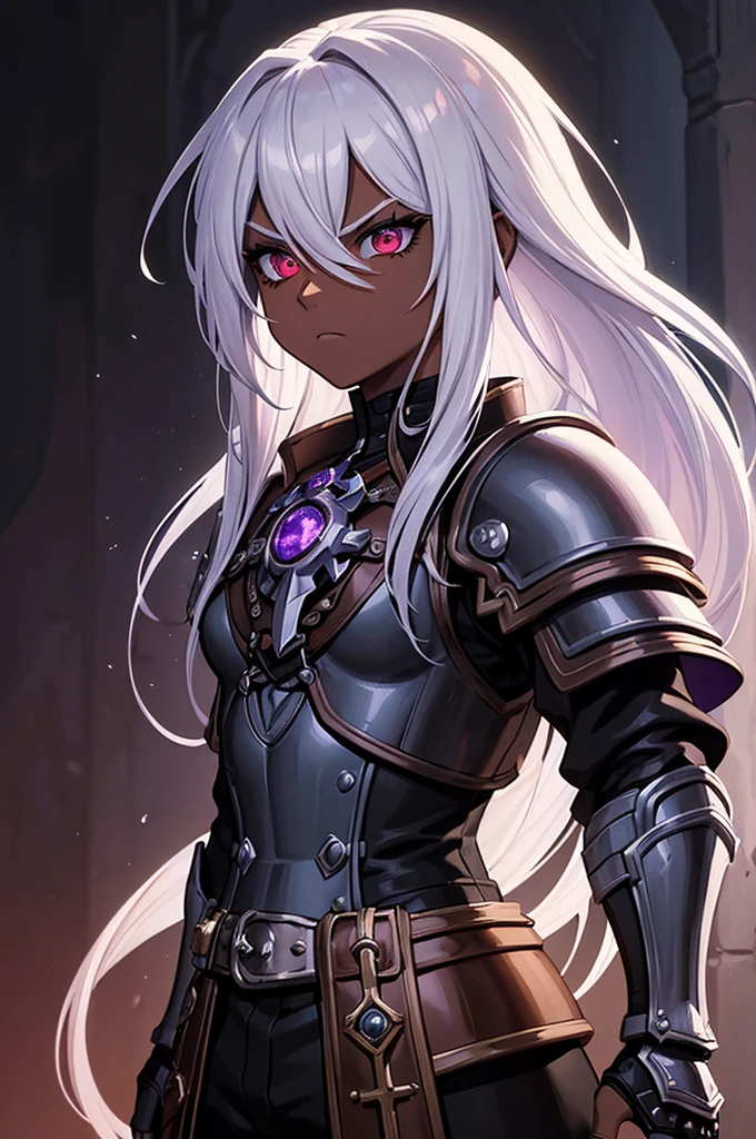 ((best quality)), ((masterpiece)), (detailed), ((boy)), (mix between steampunk and dungeonpunk), drow, upper body, portrait, red eyes, long white hair, Xemnas from Kingdom Hearts, half-drow, dark skinned, (full knight armor), paladin, serious face, dramatic lighting, dungeons and dragons character, purple theme, bronze and black armor, perfect eyes
