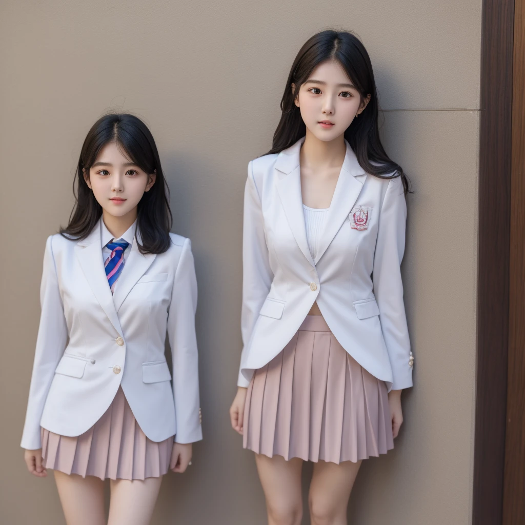 3 beauties，Delicate cheeks，White skin，Slightly protruding chest，Wearing school uniform