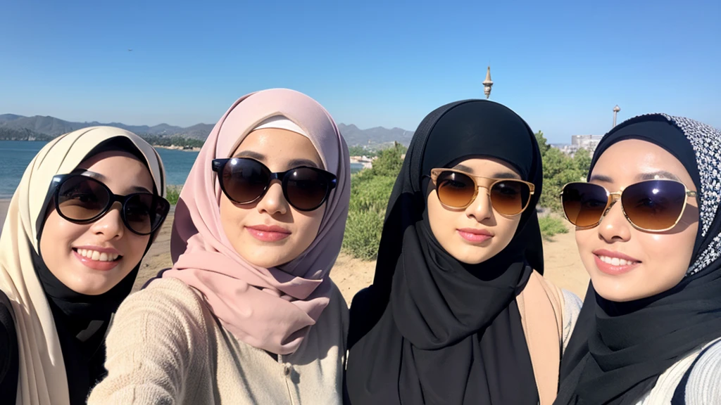 masterpiece, 4girls, hijab, selfie, sunglasses
