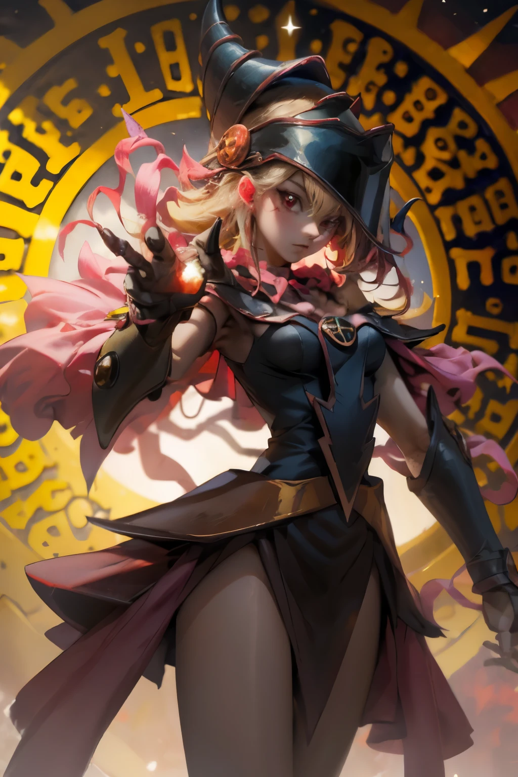 Hermosa maga oscura (obra maestra: 1.2, La mejor calidad), (1 , solamente), grandes senos, (dynamic posture), (piel brillante, crimson red skin), crimson red skin, Dark Maga Girl Sezy Demon Version, piel roja, Guantes finos y de encaje, ( small demonic horns:1.1), (Lilith \(acechadores oscuros\)), (cielo), fleco, (joya, Adorno dorado:1.15 ), pelvis grande, azul (grilletes:1.1) Dark Magician Girl Sexy Demon Version. Magic circle and magic hearts... corazones magicos