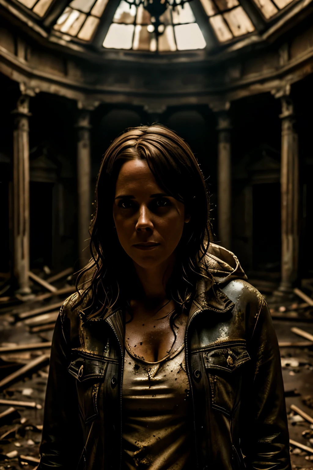 Kristen Wiig in torn up ruined clothes hiding in creepy lighting Night in abandoned baroque hall, baroque background, muddy ground, nighttime, clear white skin, wet and muddy, scratches everywhere, face dirty photography, natural light, photorealism, cinematic rendering, ray tracing, the highest quality, the highest detail, Cinematic, Third-Person View, Blur Effect, Long Exposure, 8K, Ultra-HD, Natural Lighting, Moody Lighting, Cinematic Lighting Hide