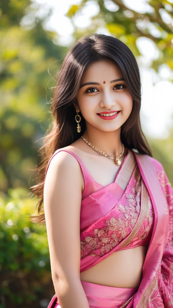 8K, ultra high detailed, an indian girl, cute smile realistic face, happy, long hair, impressive hairstyle, detailed eyes, detailed lips, indian clothes, saree, pink saree, lace, wearing jewellery, nature background, flowers, afternoon, shadow, clear weather, whole body capture,