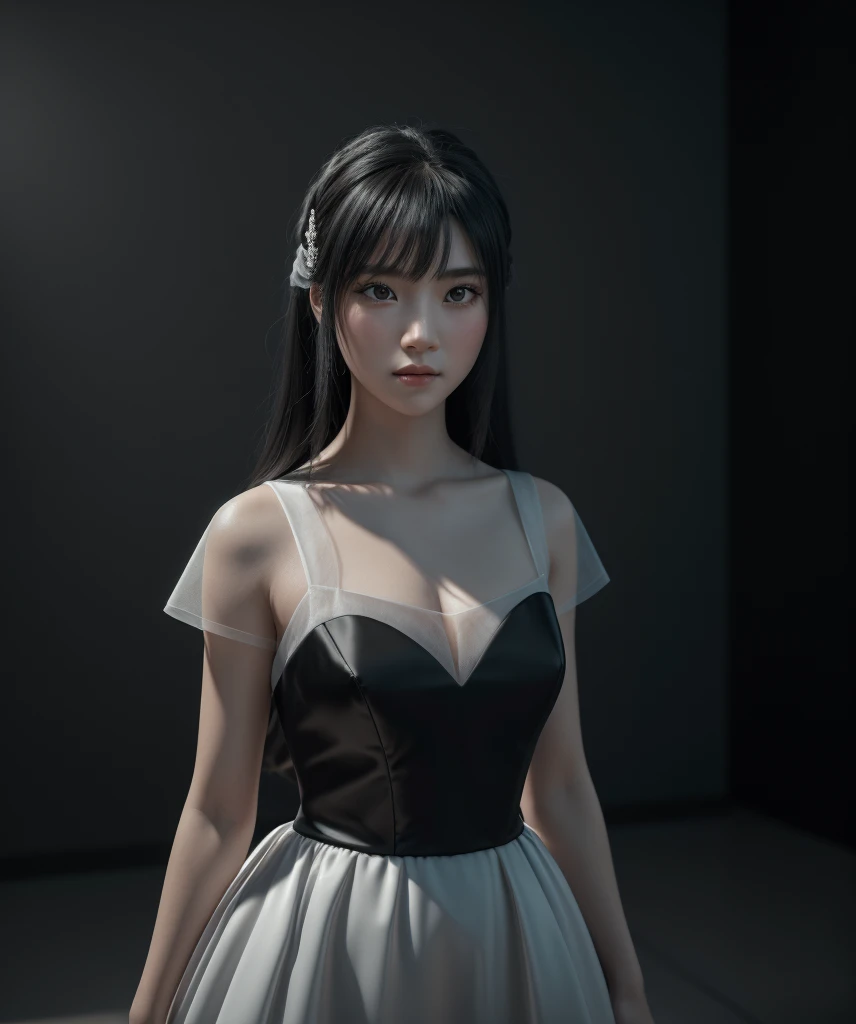 a mongolian princess girl,bangs black hair,standing,looking at to the viewer,(Very Detailed: 1.3),ultra realistic,HDR,(High Dynamic Range),ray tracing,nvidia RTX,super resolution,unreal 5,subsurface scattering,PBR texture,post-processing,anisotropic filtering,depth of field,maximum sharpness and sharpness,multi-layer texture,specular and albedo mapping,surface shading,perfect proportions,octane rendering,duotone lighting,low ISO,white balance,8K RAW,(((1GIRL))),(((wearing black gown))),sad face,(((rendering in gray background))),masterpiece,best quality