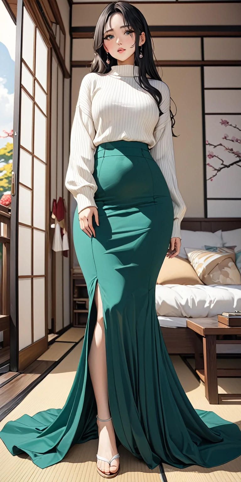 (masterpiece,Highest quality,Ultra-high resolution),Japanese women, (((Very beautiful 25 year old girl))),White mermaid style high waist long skirt、The skirt is ankle-length、The skirt fits snugly to the body、Long sleeve sweater、
