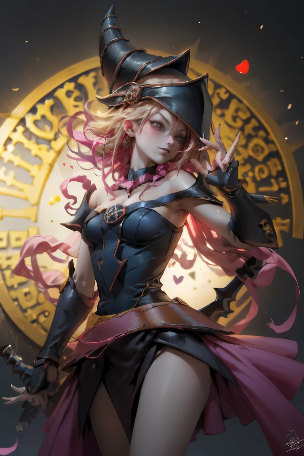 Hermosa maga oscura (obra maestra: 1.2, La mejor calidad), (1 , solamente), grandes senos, (dynamic posture), (piel brillante, crimson red skin), crimson red skin, Dark Maga Girl Sezy Demon Version, piel roja, Guantes finos y de encaje, ( small demonic horns:1.1), (Lilith \(acechadores oscuros\)), (cielo), fleco, (joya, Adorno dorado:1.15 ), pelvis grande, azul (grilletes:1.1) Dark Magician Girl Sexy Demon Version. Magic circle and magic hearts... corazones magicos