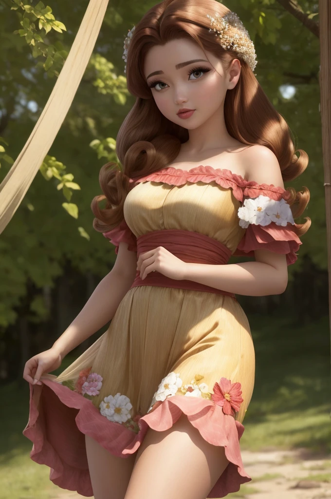 Obra maestra, 8k, perfect lighting, , adulto, femenino, (mirando al espectador), cinematic lighting, tiro de cuerpo completo,  Rosetta, (RosettaWaifu:1.1), Brown hair, Cabello rizado en las puntas, vestido rosa, (largas alas de hada transparentes), (Alas largas:1.3), ropa hecha de hojas, (clothes made of petals:0.9), (orejas puntiagudas:1.1), (ojos verdes, ojos esmeralda), ojos detallados, encogido, Nubes, campo de flores, (enormes flores gigantes), flor en el pelo, petals falling, rubor, polvo de hadas de oro , luz, (day:0.8), (RSEEmma:1.2) ,  