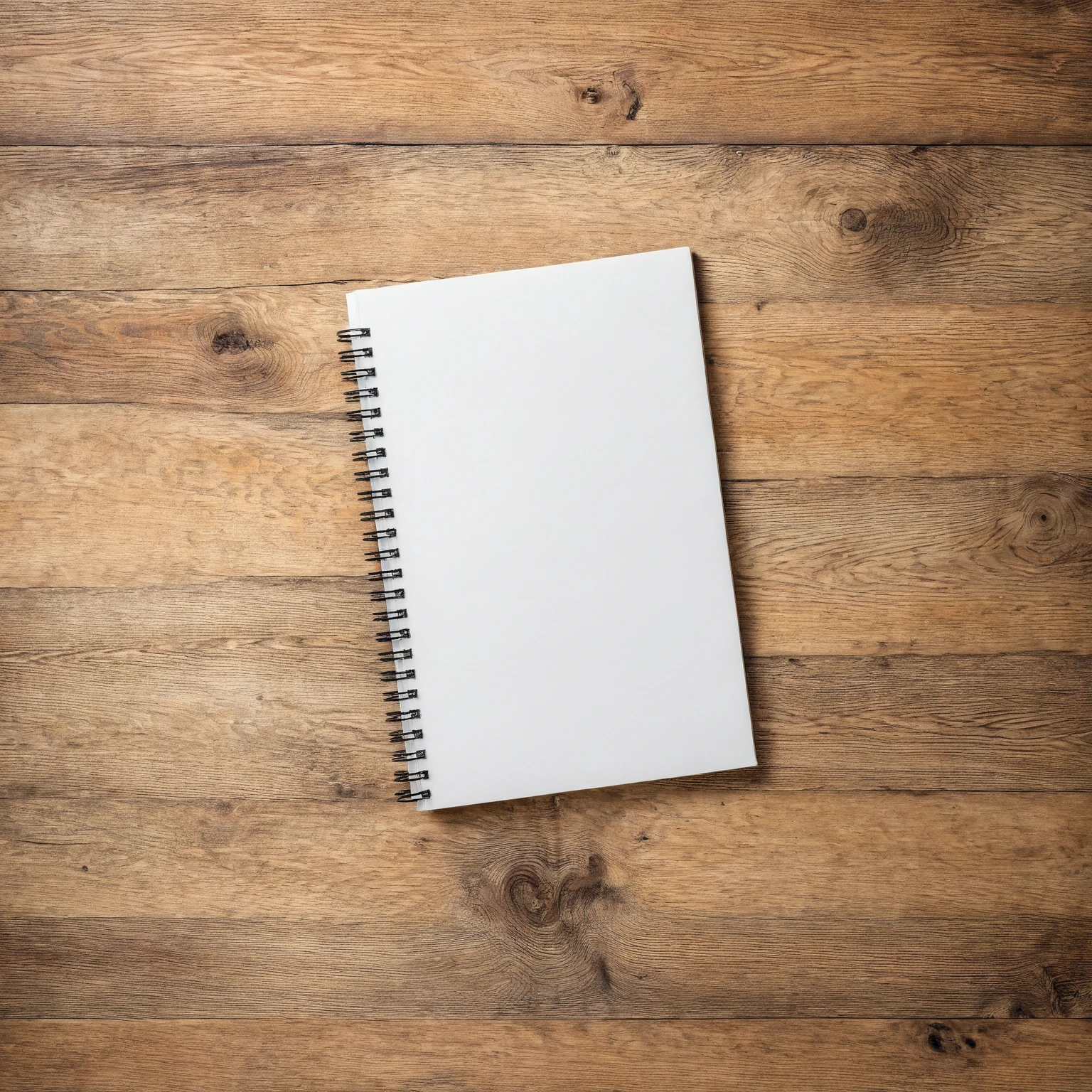 Mockup empty, a blank, white, empty spiral notebook lying on a vintage wooden desk, top view