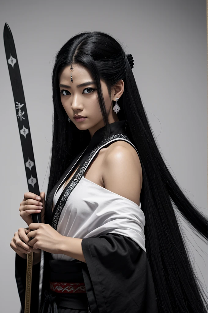 Un oc de demon slayer, ojos negros, altura 170 cm, dos katanas, pelo ondulado, haori negro con blanco, aretes de hanafuda en blanco y negro, aretes de uzui
