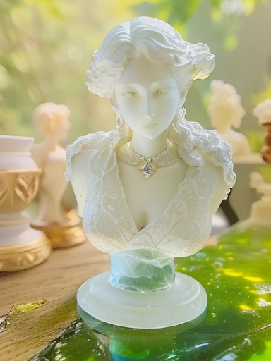 there is a small white busturine on a table, close up bust shot, statue made of glass, close up portrait bust of woman, greek godness portrait sculpture, resin statue, miniature resine figure, resine figure, elegant lady with alabaster skin, bust view, cast glass, tiny statue on display, resin miniature, rodin style, opal statues
